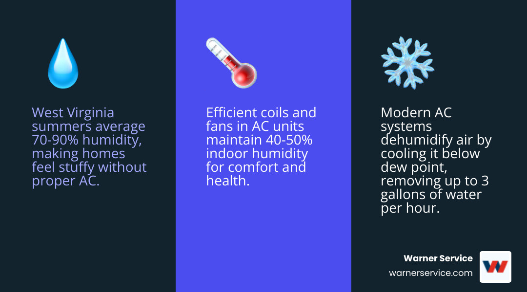 Infographic showing how modern AC systems manage West Virginia humidity and common Shepherdstown AC services - ac service in