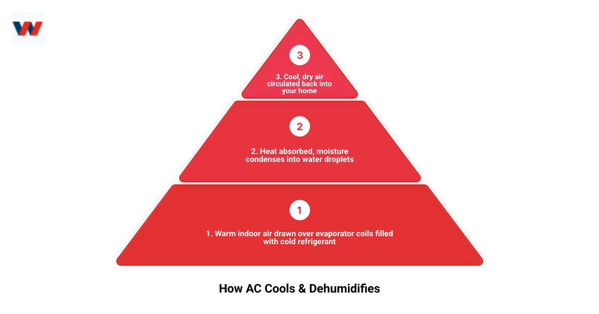 Infographic showing how modern AC systems cool and dehumidify indoor air in Kearneysville WV homes - ac service in