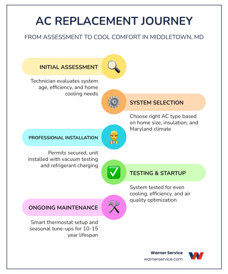 AC replacement journey infographic from assessment to installation for Middletown MD homeowners - ac replacement in