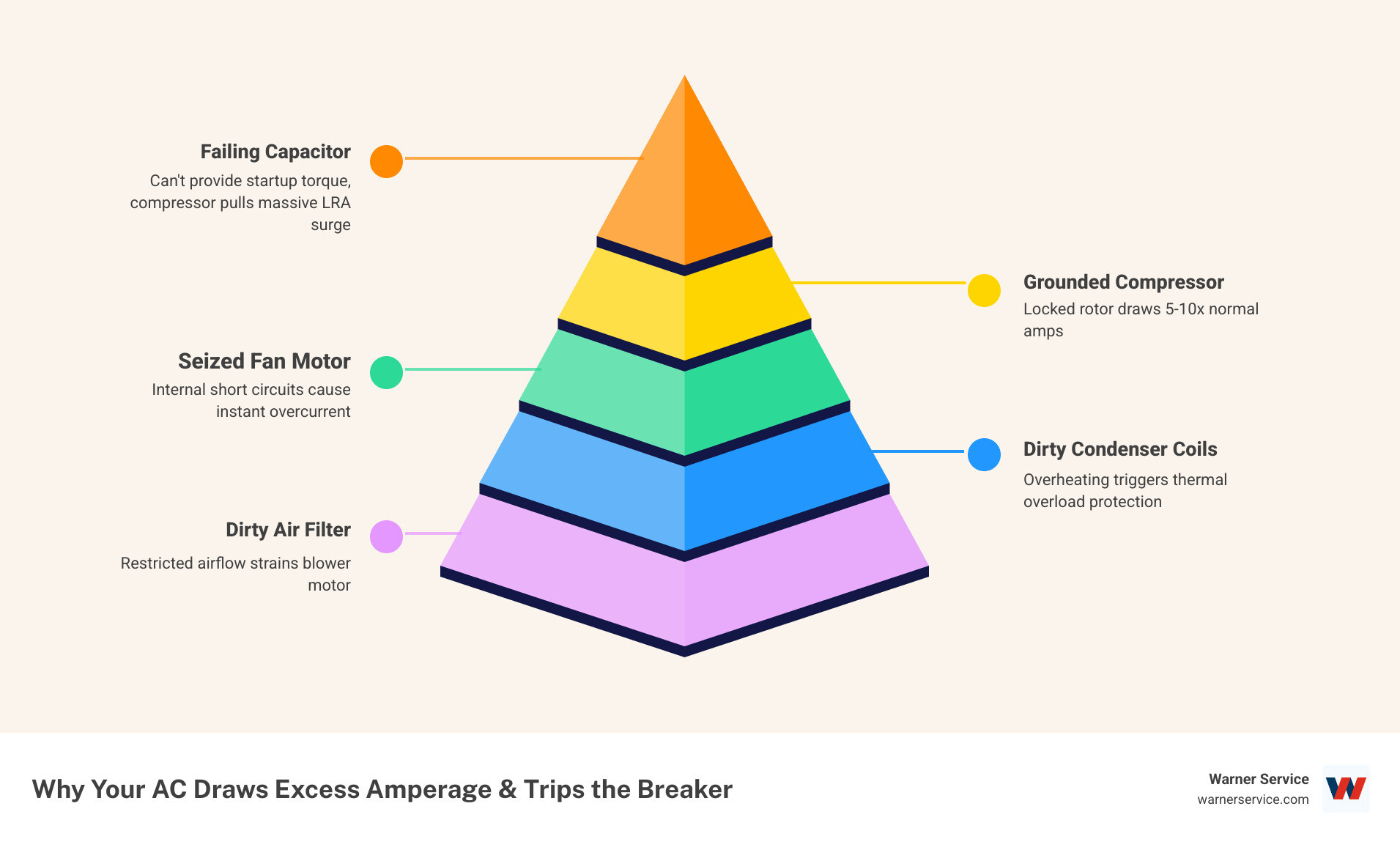 infographic showing why an AC unit draws excess amperage and trips a circuit breaker - ac circuit breaker keeps tripping