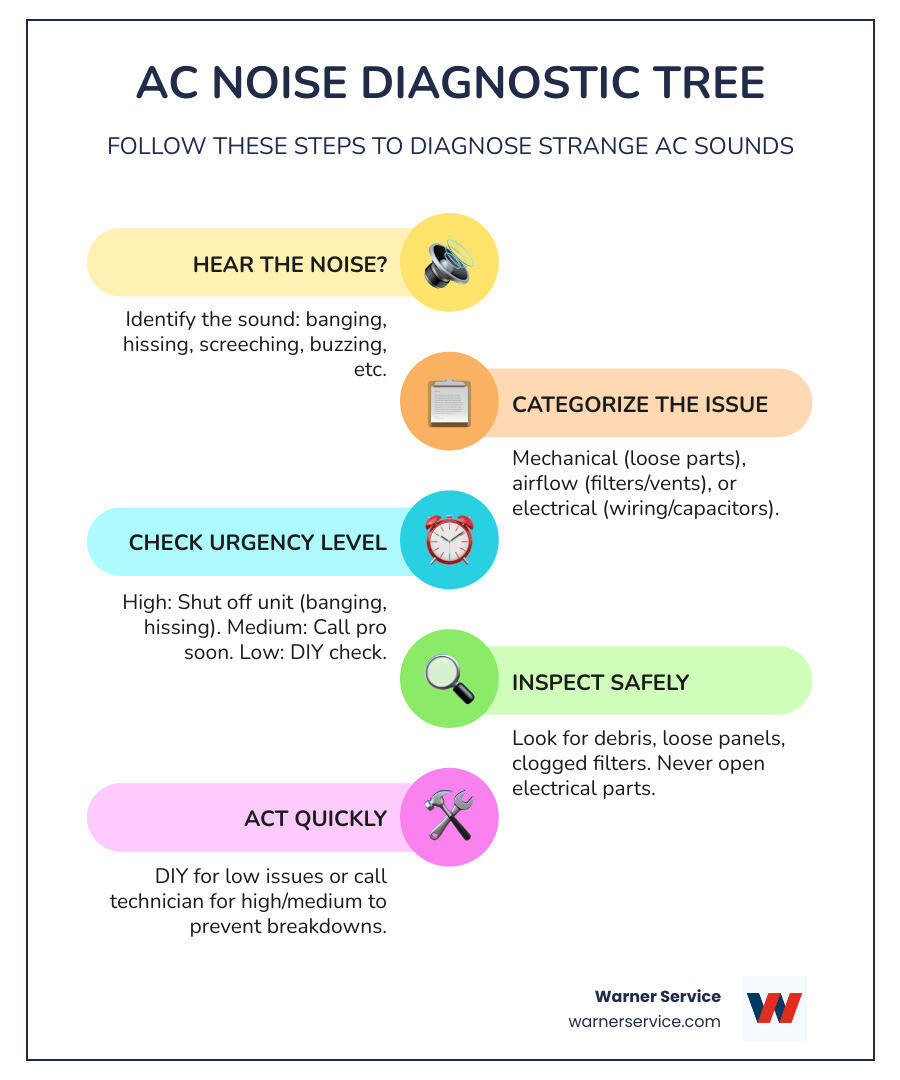 AC Noise Diagnostic Tree infographic showing common sounds mapped to causes and urgency levels - ac making strange noises