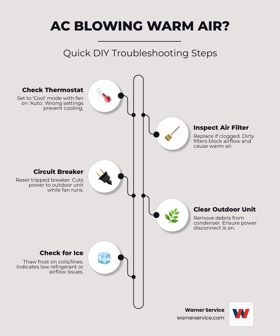 Infographic showing 7 troubleshooting steps for an AC blowing warm air with DIY vs. professional labels - why is my ac