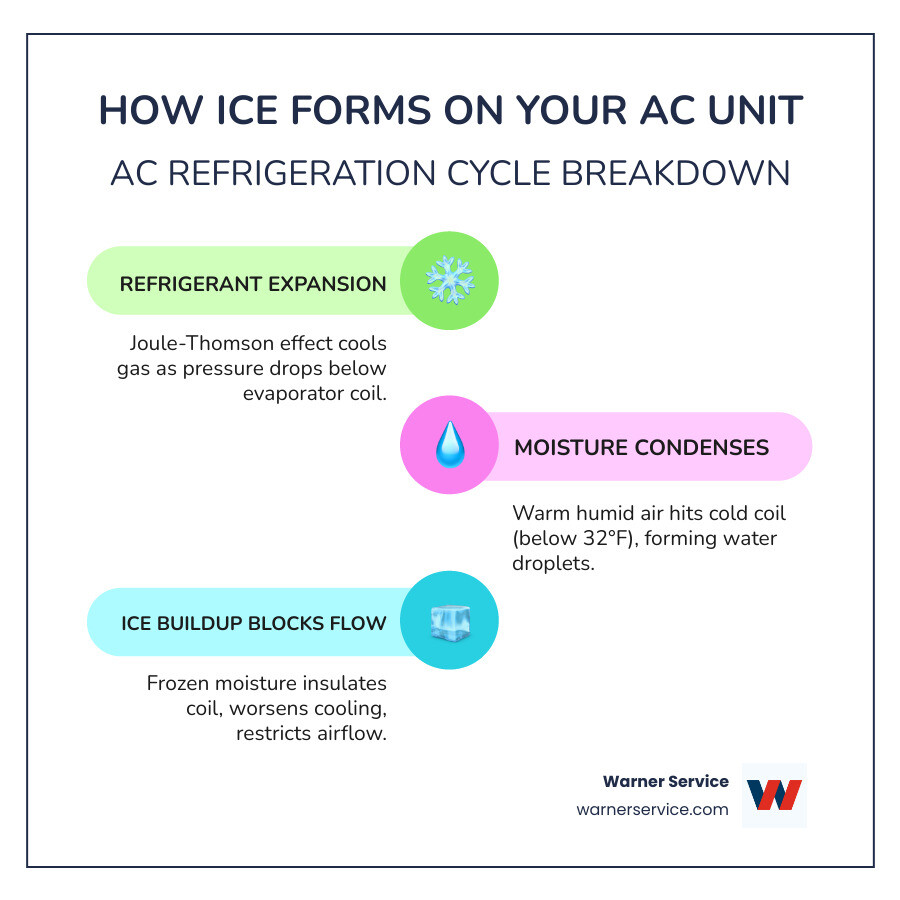 Infographic showing AC refrigeration cycle, how ice forms on evaporator coils, common causes, and immediate action steps