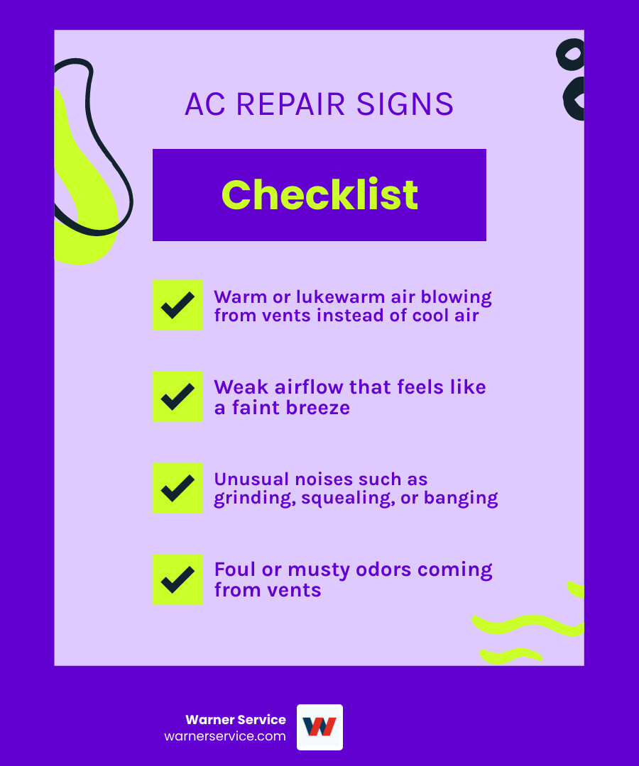 Top 10 AC warning signs infographic with icons for warm air, weak airflow, noises, odors, cycling, leaks, bills, humidity