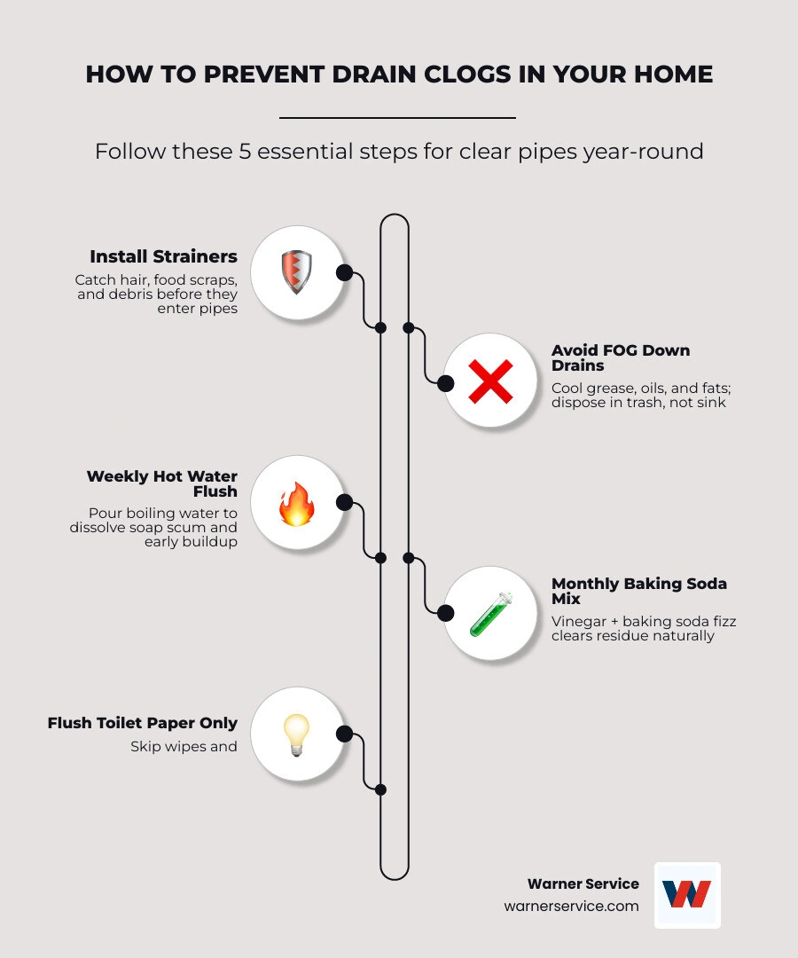 infographic showing how to prevent drain clogs in your home with tips by room and maintenance schedule - how to prevent