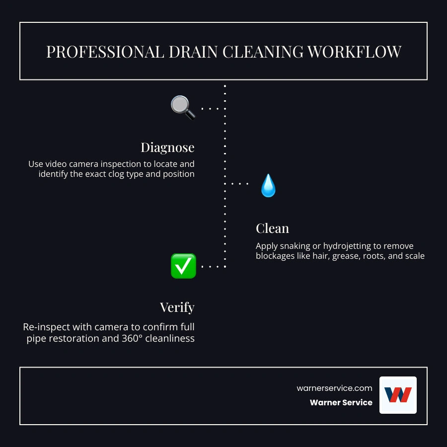 Professional drain cleaning workflow from diagnosis to post-cleaning camera verification - drain cleaning methods