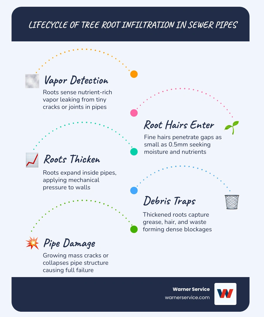 Infographic showing the lifecycle of tree root infiltration in sewer pipes from vapor detection to full blockage - how tree