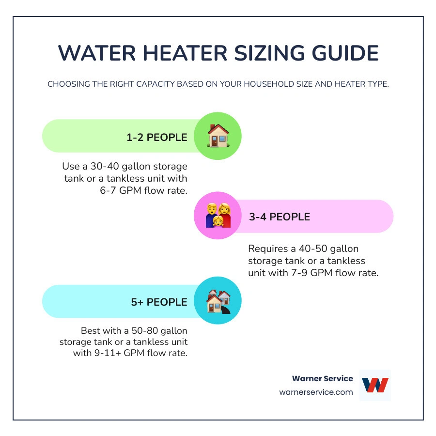 infographic showing water heater capacity recommendations by family size and heater type - what size water heater do i need