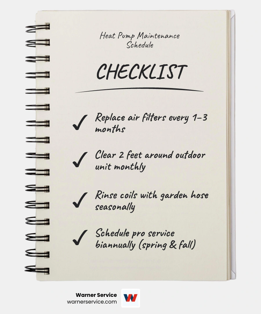 Infographic showing monthly, seasonal, and annual heat pump maintenance tasks for homeowners infographic