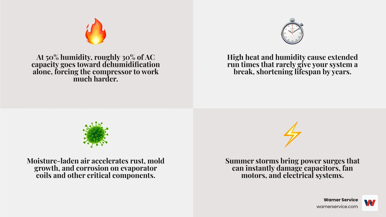 Infographic showing AC dual workload split between sensible cooling and dehumidification, component lifespan reduction in