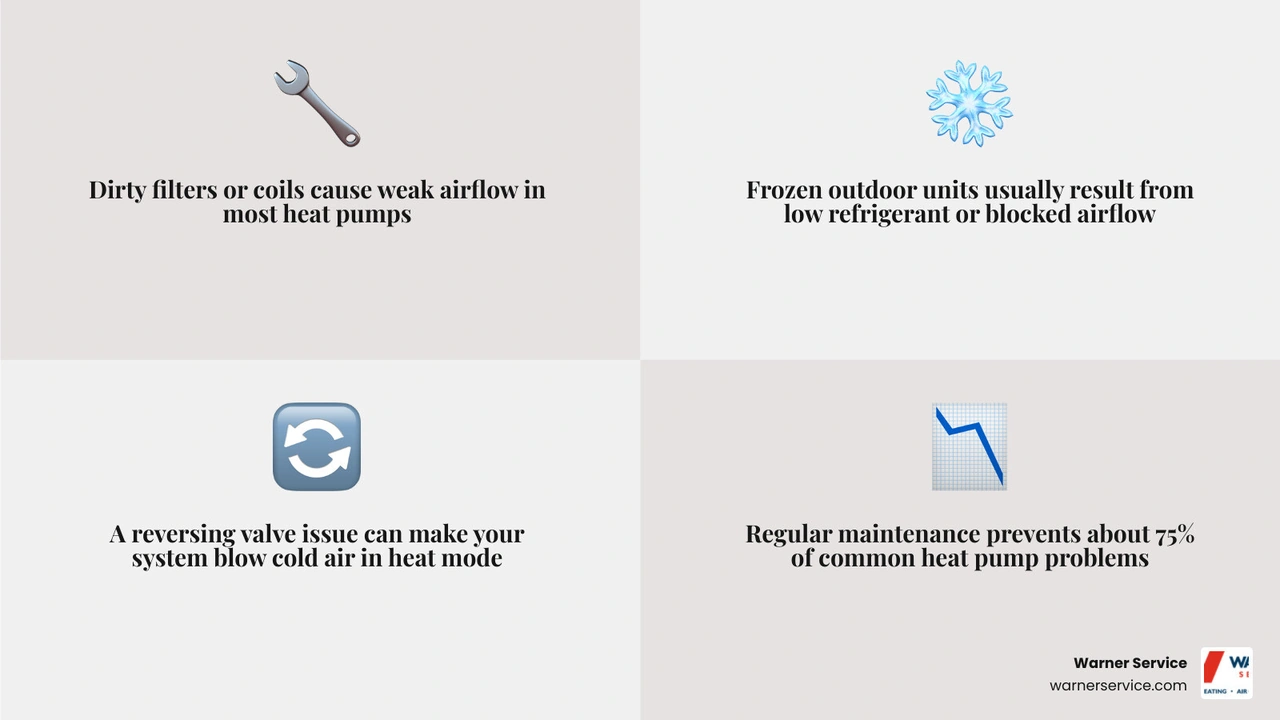 Infographic showing 7 common heat pump problems, their causes, and prevention steps infographic