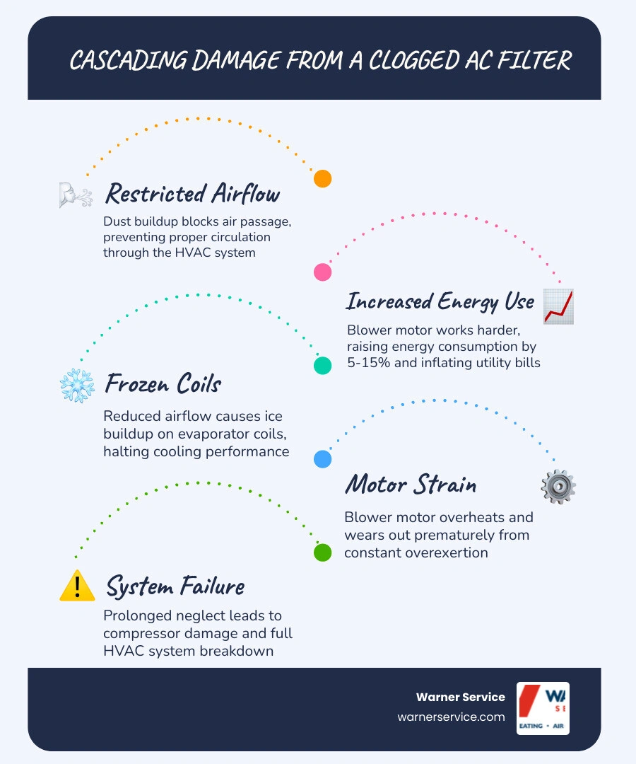 infographic showing cascading damage from a clogged AC air filter to coils, blower motor, and energy bills infographic