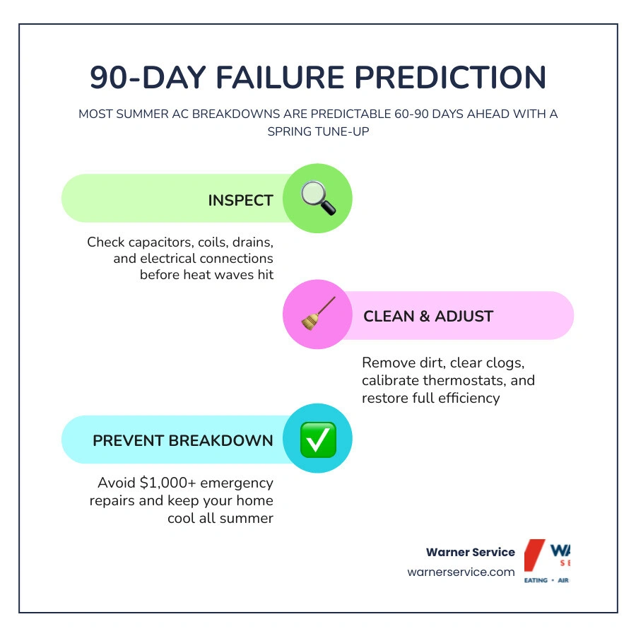 Infographic showing the 90-day HVAC failure predictability window, tune-up checklist, and cost comparison of maintenance vs