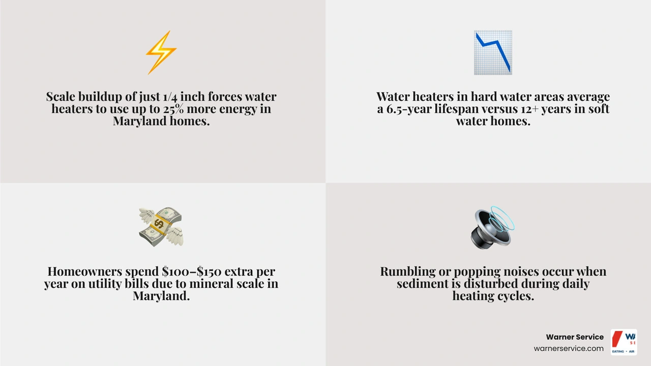 Infographic showing hard water scale formation in water heaters, efficiency loss percentages, and lifespan comparison