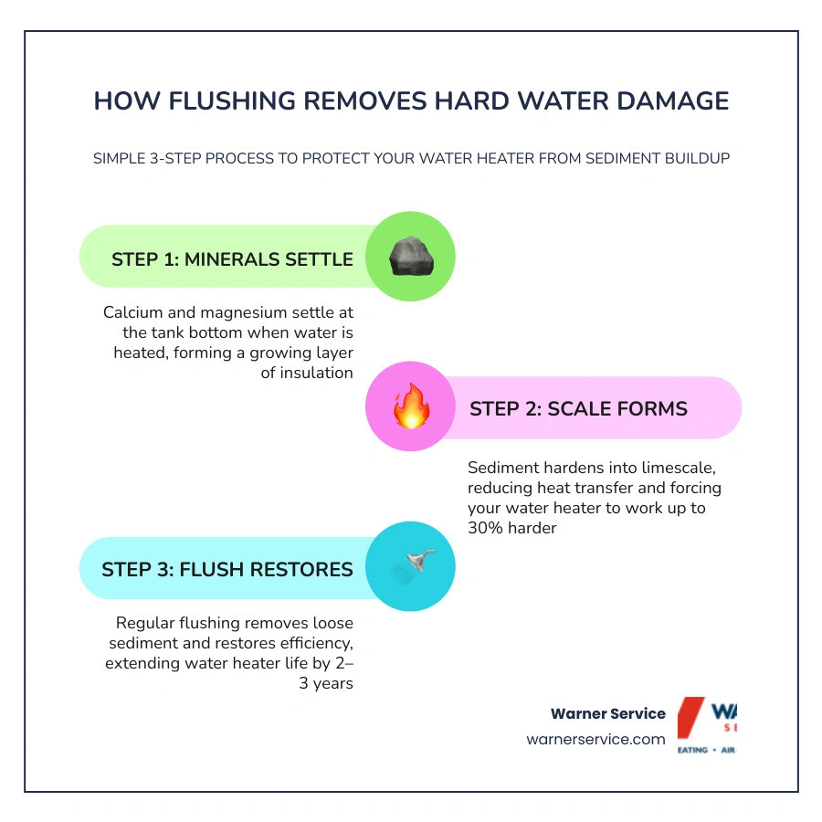 Infographic showing how hard water minerals settle in a water heater tank and how flushing removes them infographic