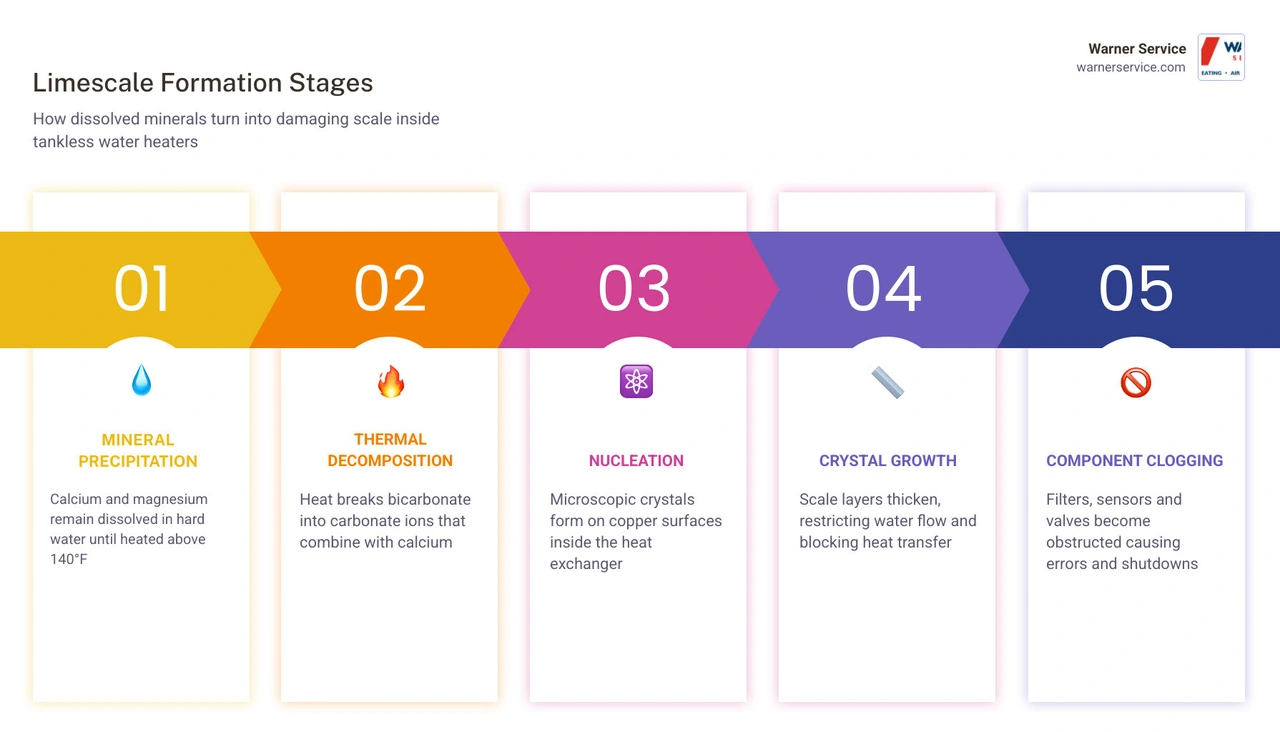 Infographic showing limescale formation stages in a tankless water heater from mineral precipitation to component clogging