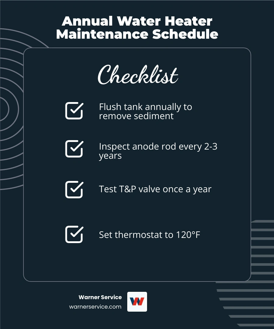 Annual water heater maintenance schedule infographic showing monthly checks, annual flush, anode rod inspection, and T&P