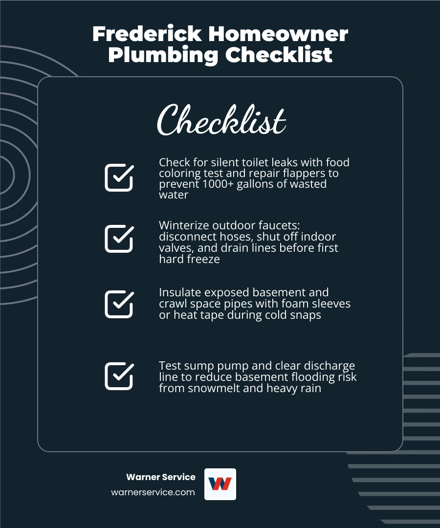 Frederick homeowner plumbing checklist infographic showing seasonal maintenance steps, leak detection tips, and