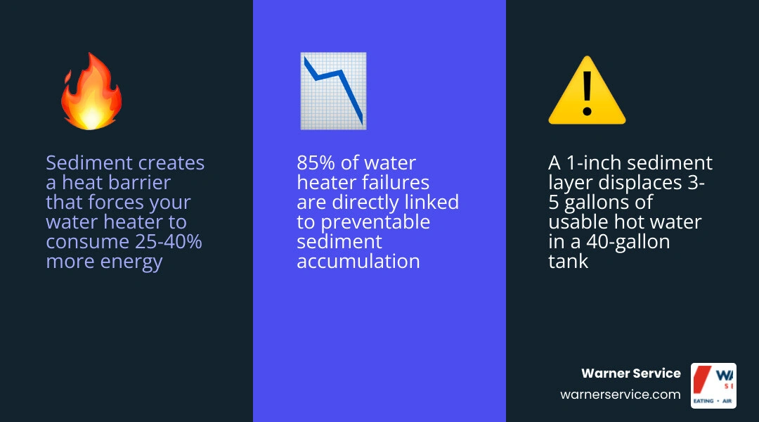 Infographic showing the water heater sediment accumulation cycle and its effects on efficiency, lifespan, and energy costs