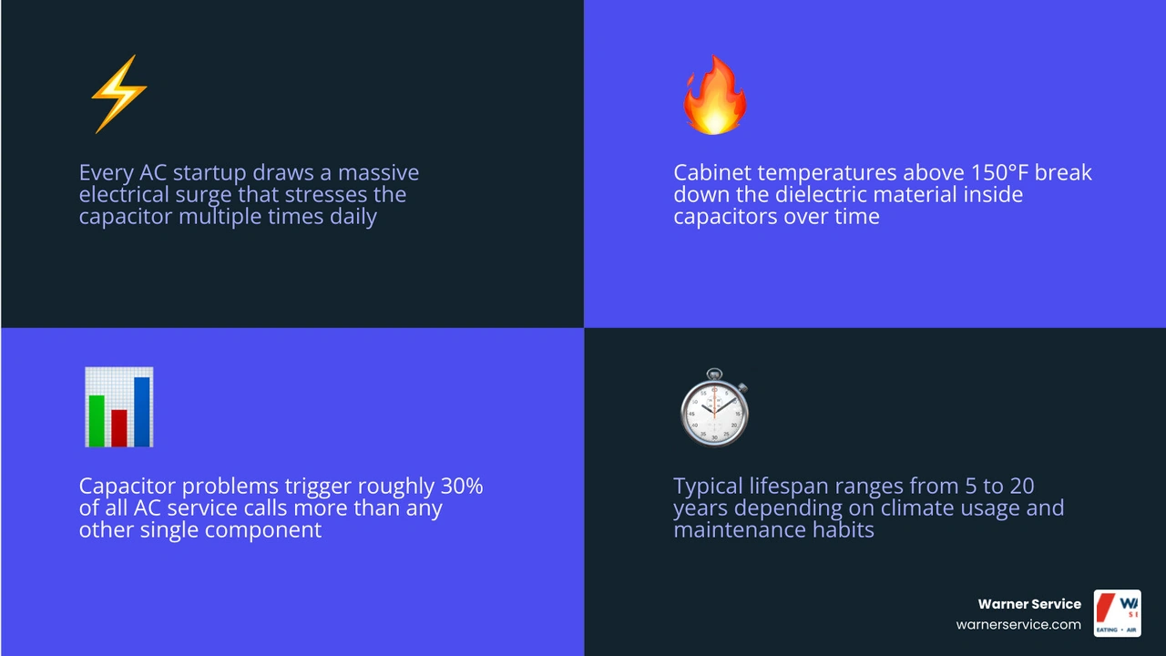 Infographic showing how an AC capacitor works: energy storage, motor startup, run vs start capacitor roles, and common
