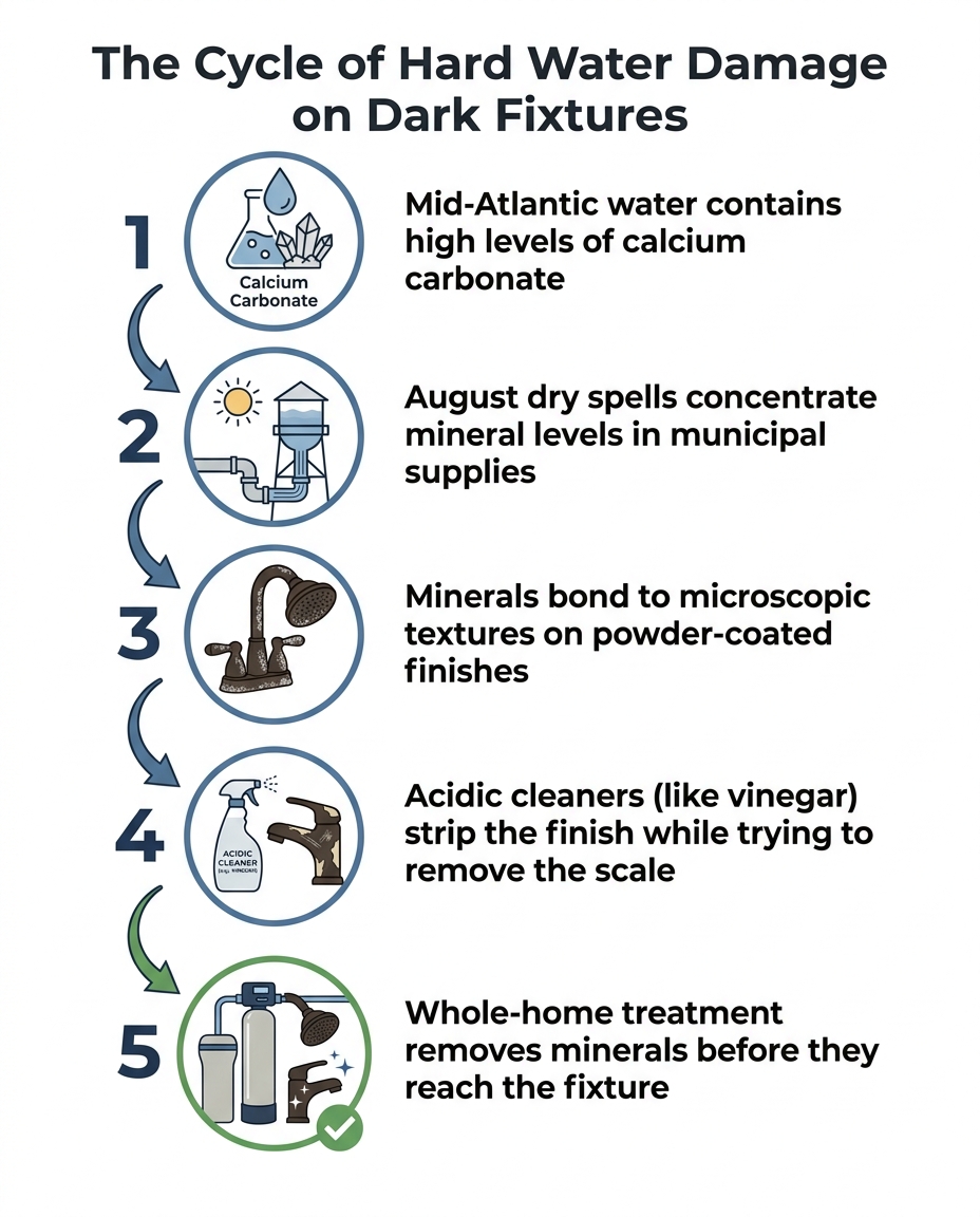 The Cycle of Hard Water Damage on Dark Fixtures