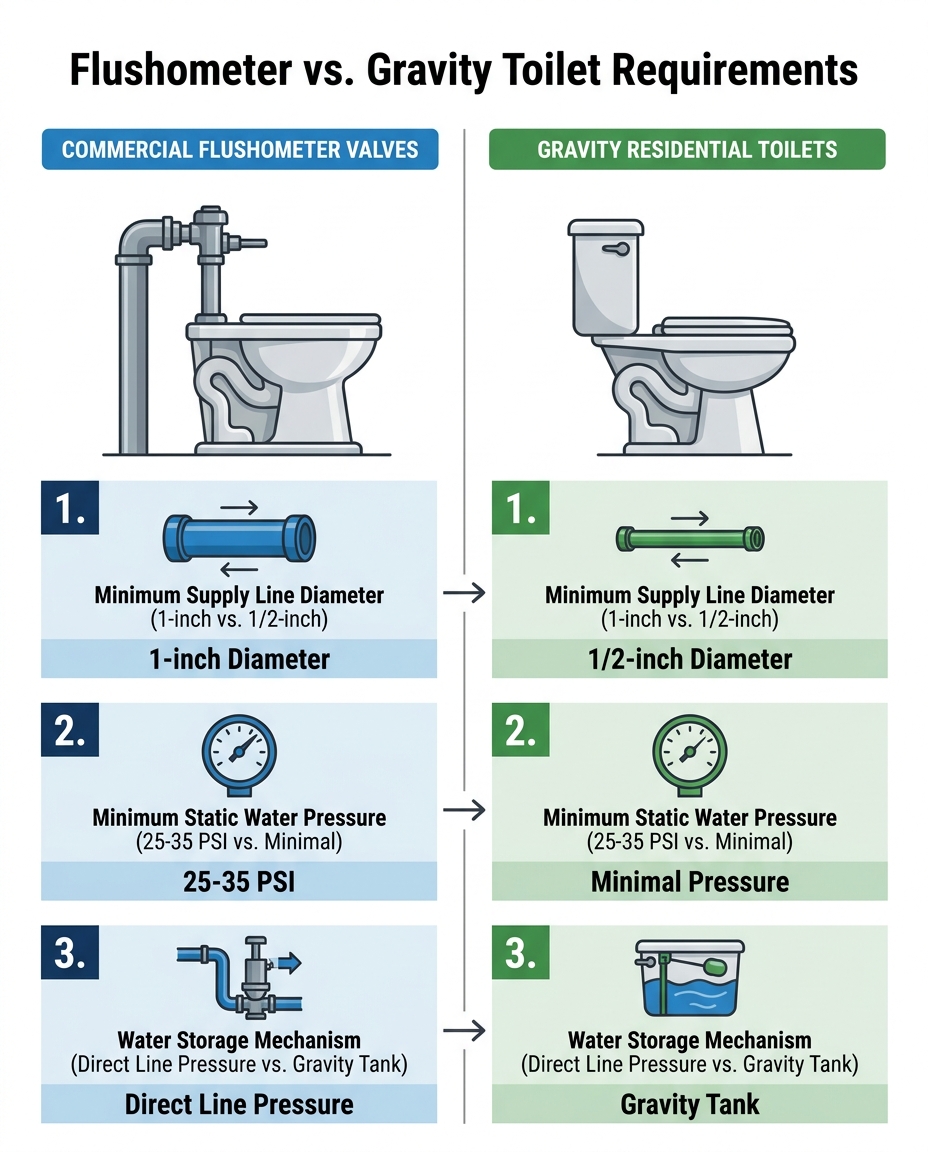 Flushometer vs. Gravity Toilet Requirements