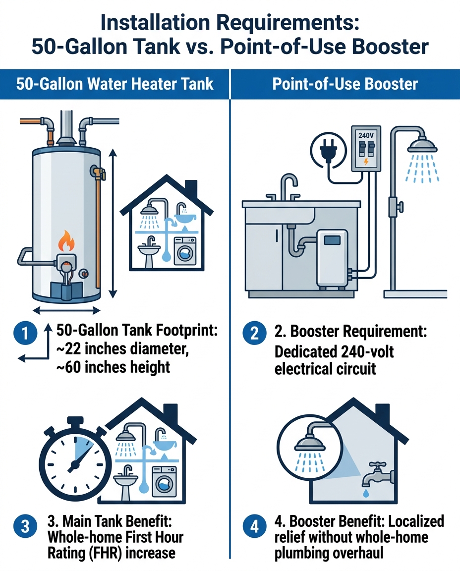 Installation Requirements: 50-Gallon Tank vs. Point-of-Use Booster