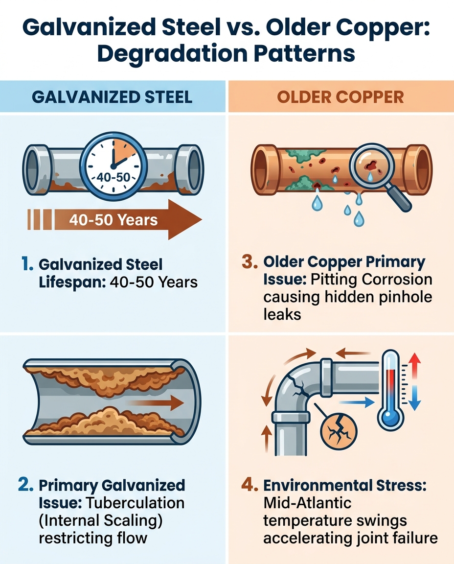 Galvanized Steel vs. Older Copper: Degradation Patterns