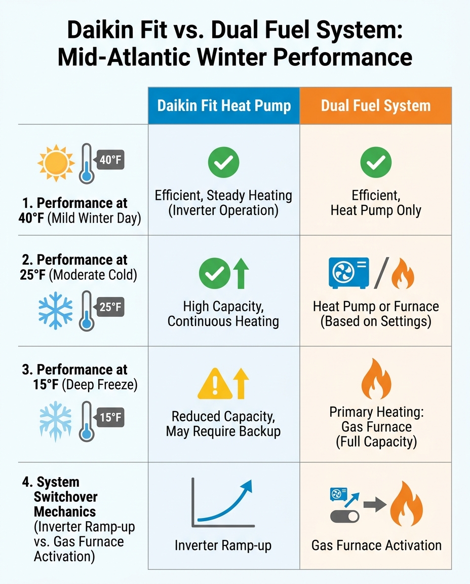 Daikin Fit vs. Dual Fuel System: Mid-Atlantic Winter Performance
