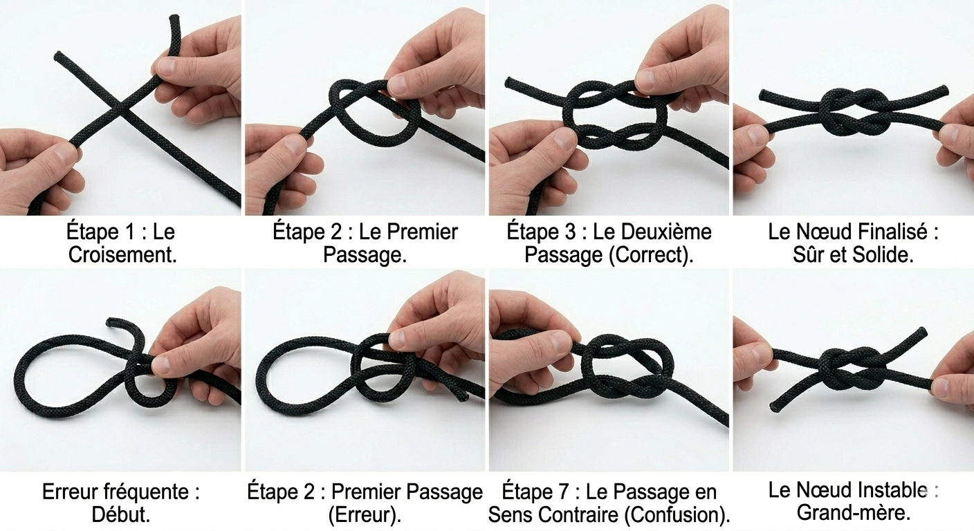 Le nœud de plat (nœud marin) — pour joindre deux cordages de même diamètre