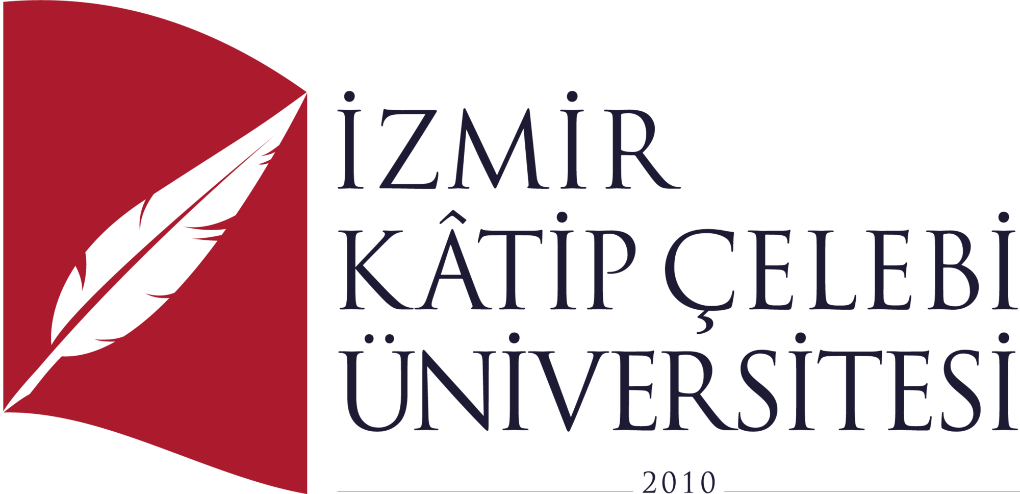 White quill feather on a red curved background next to the text Izmir Katip Çelebi University and the year 2010.