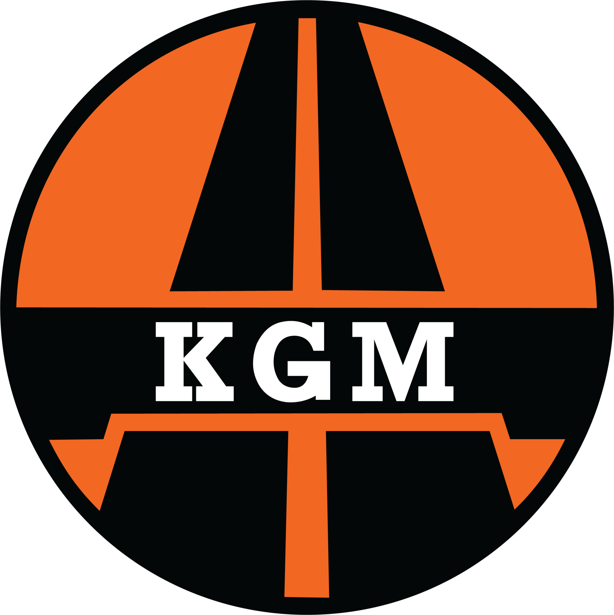 KGM logo featuring stylized orange road and white letters KGM on a black circular background.