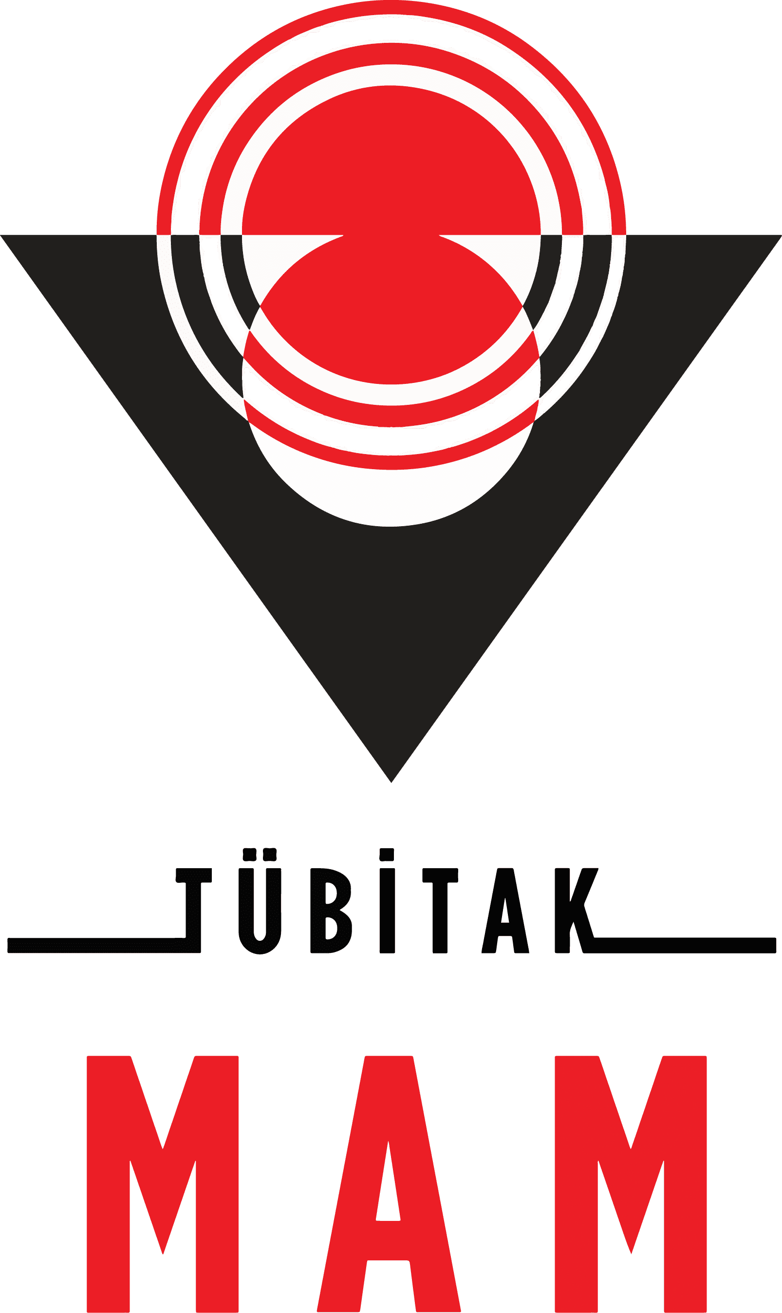 TÜBİTAK MAM logo with stylized red circles, a black inverted triangle, and black and red text below.