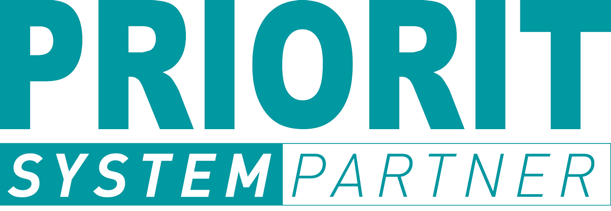Logo with the word PRIORIT in large teal letters above the words SYSTEM PARTNER, with SYSTEM in white text on a teal background and PARTNER in teal outlined letters on a white background.