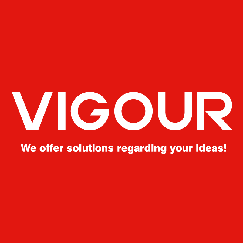 White text reading 'VIGOUR' and 'We offer solutions regarding your ideas!' on a red background.
