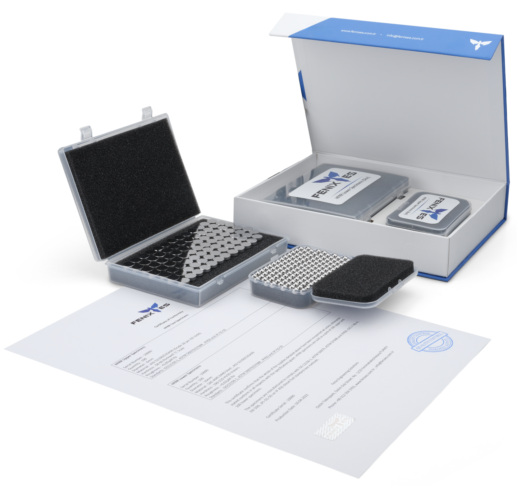 Fenix HFRR test kit with specimen cases, packaging and certificate