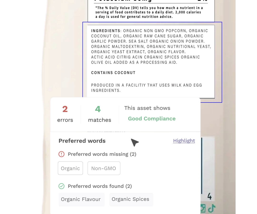 A screenshot of AI-powered label compliance checks using Artwork flow