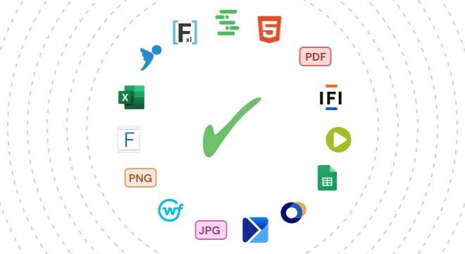 Ikony różnych formatów plików ułożone wokół zielonego znaku wyboru, symbolizujące Budget Studio centralne źródło wiedzy o finansach firmy.
