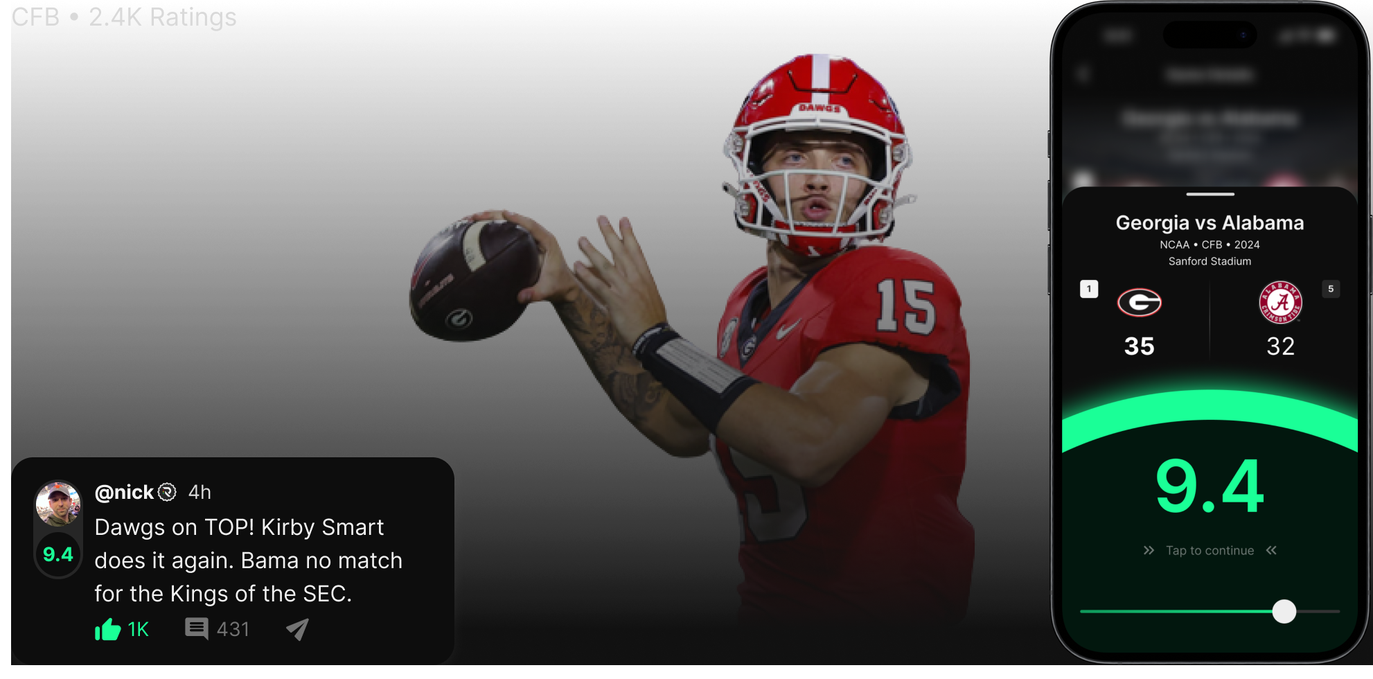College American Football - an Image from Carson Beck for Georgia Bulldogs in a position of throwing. A promotional image for the RateGame App