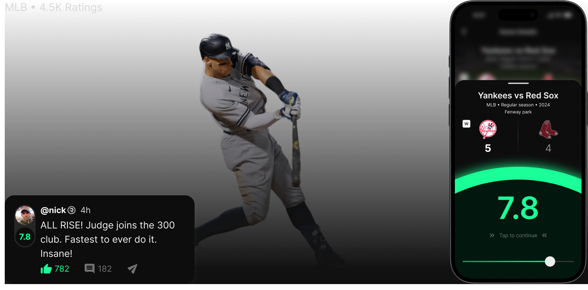 MLB - an Image from Aaron Judge hitting a baseball. A promotional image for the RateGame App