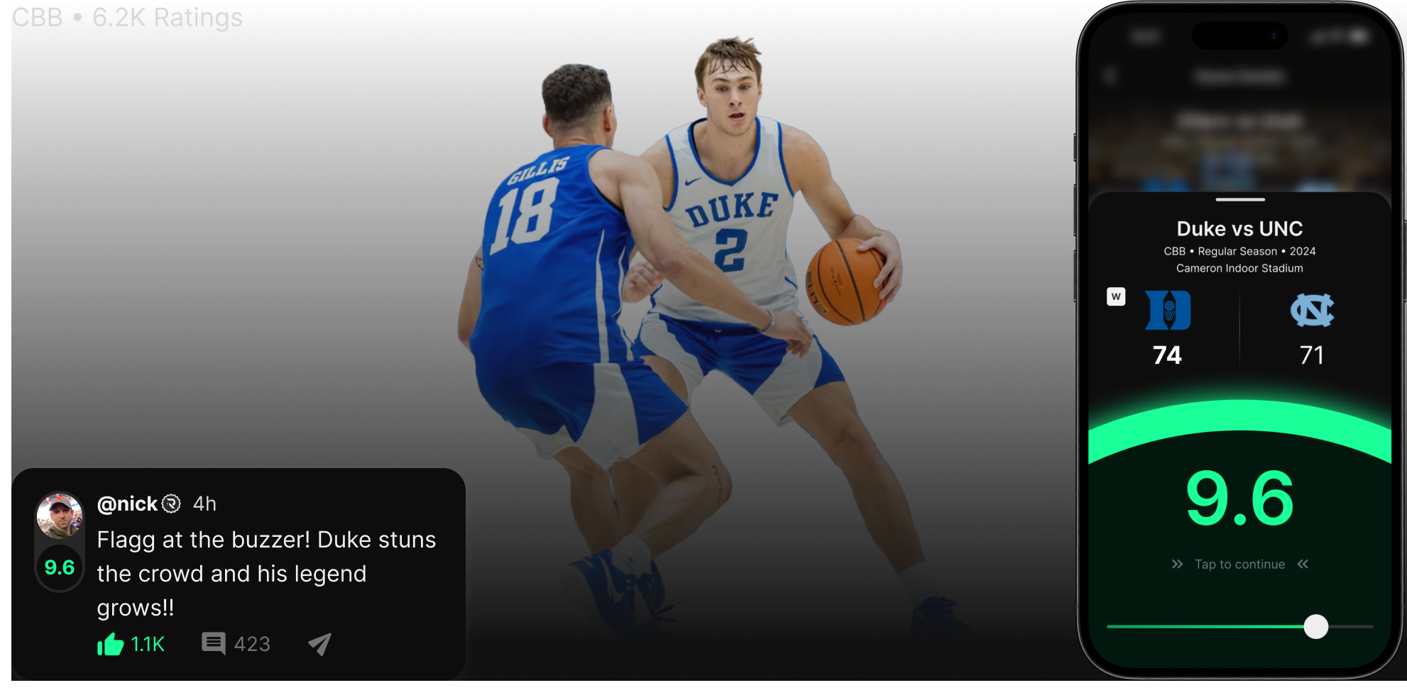 College Basketball NCAA - an Image from Cooper Flagg dribbling. A promotional image for the RateGame App
