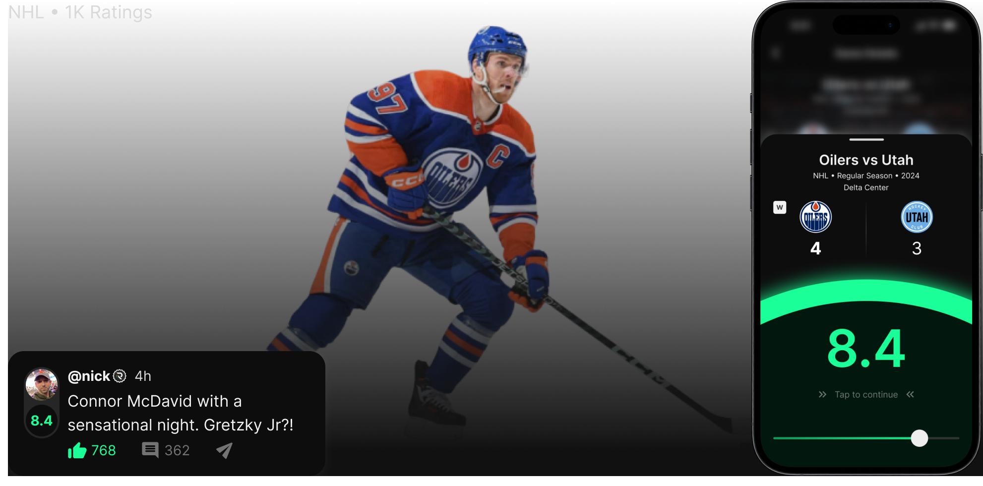 NHL - an Image from Connor McDavid playing hockey. A promotional image for the RateGame App