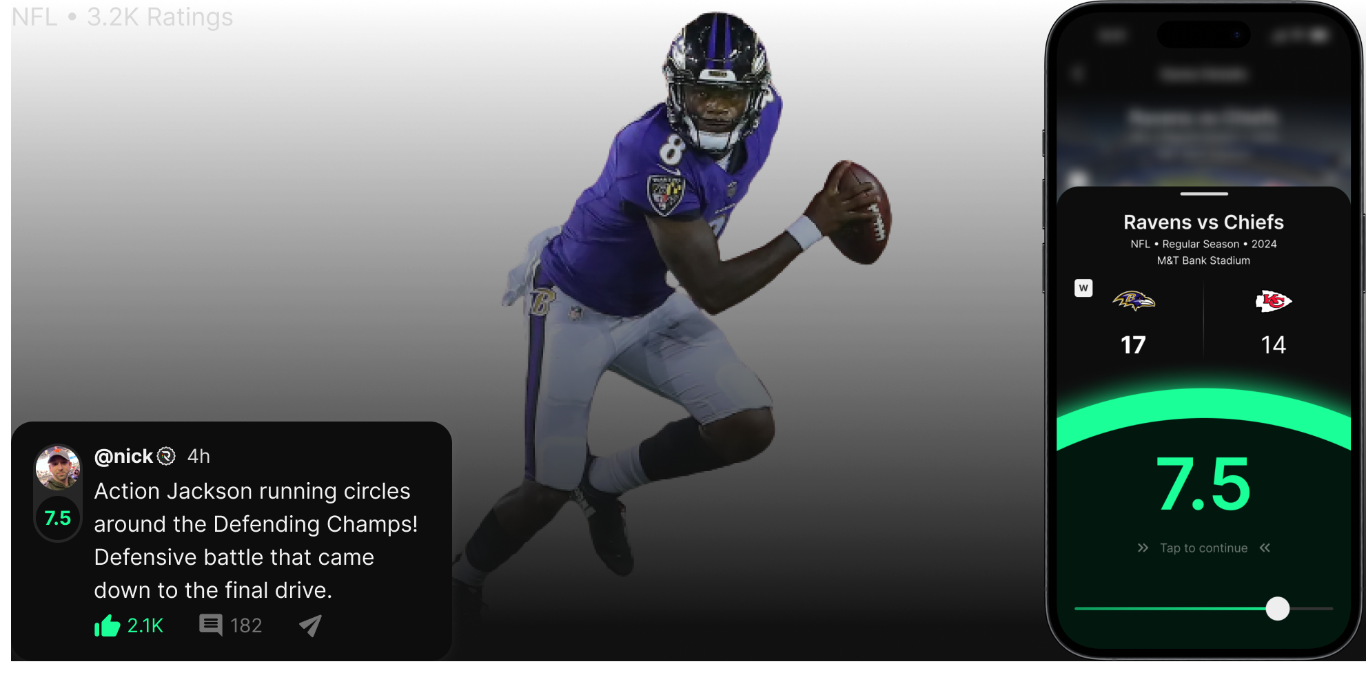 NFL - an Image from Lamar Jackson running with the ball. A promotional image for the RateGame App