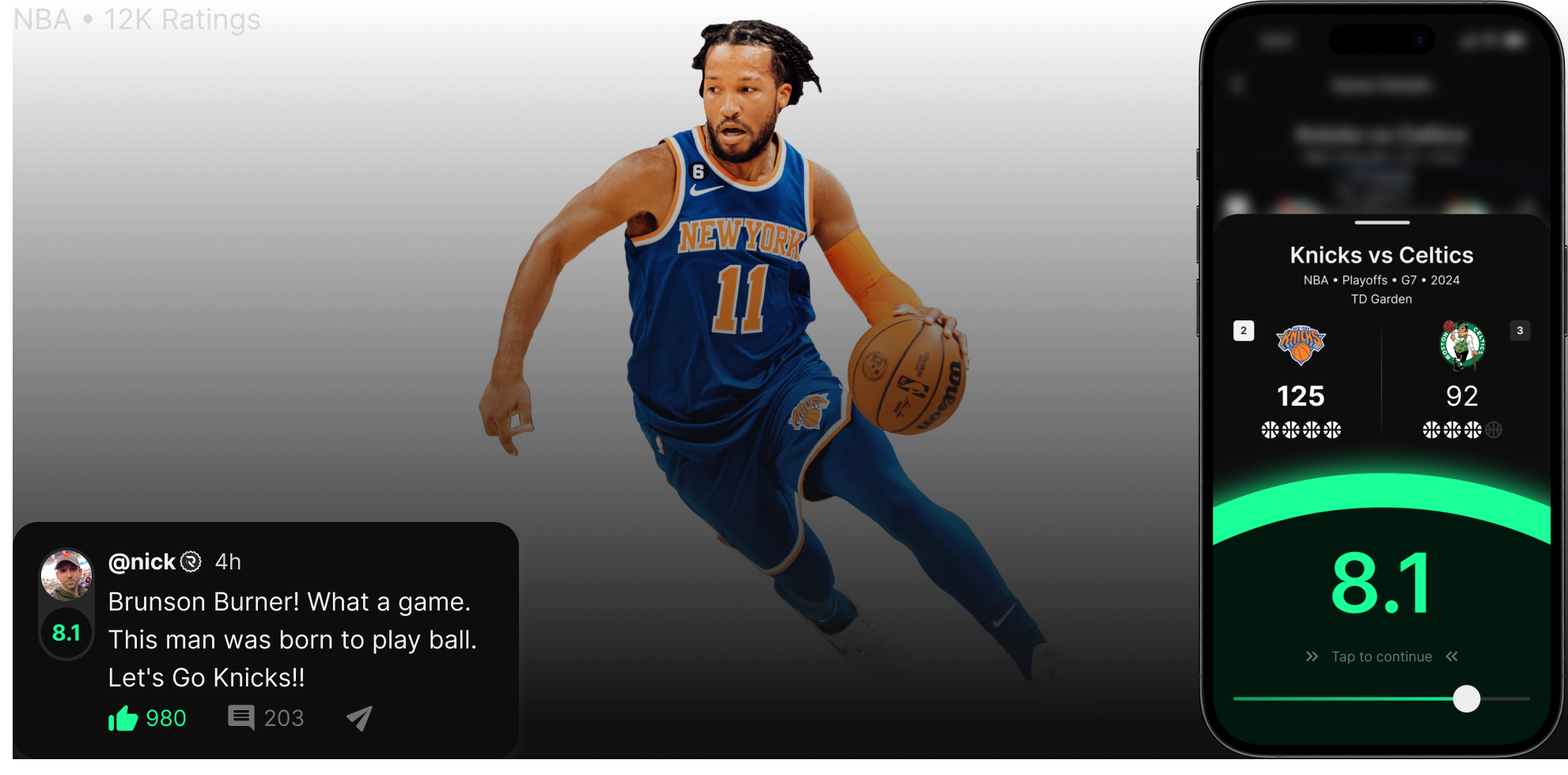 NBA - an Image from Brunson Burner from the Knicks. A promotional image for the RateGame App