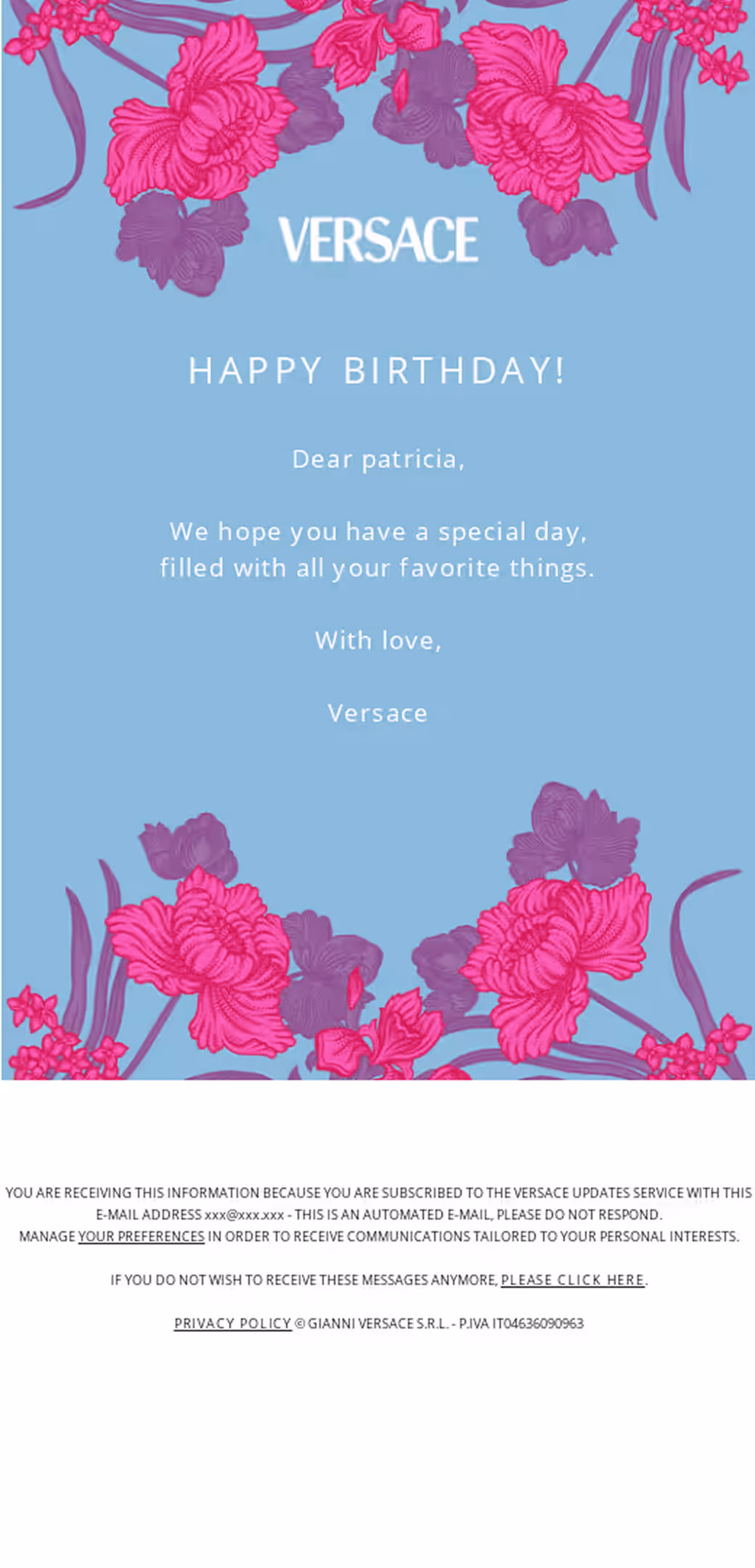 Versace's happy birthday email