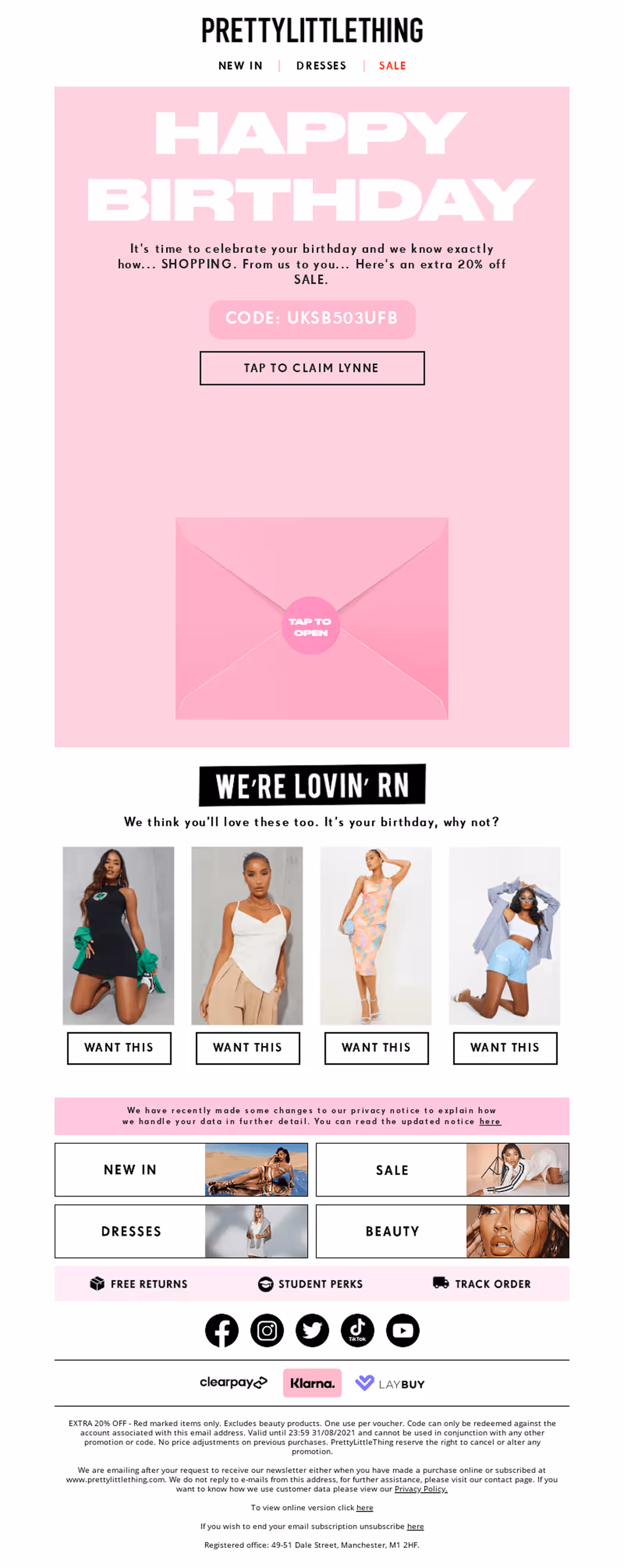 Pretty Little Thing's happy birthday email