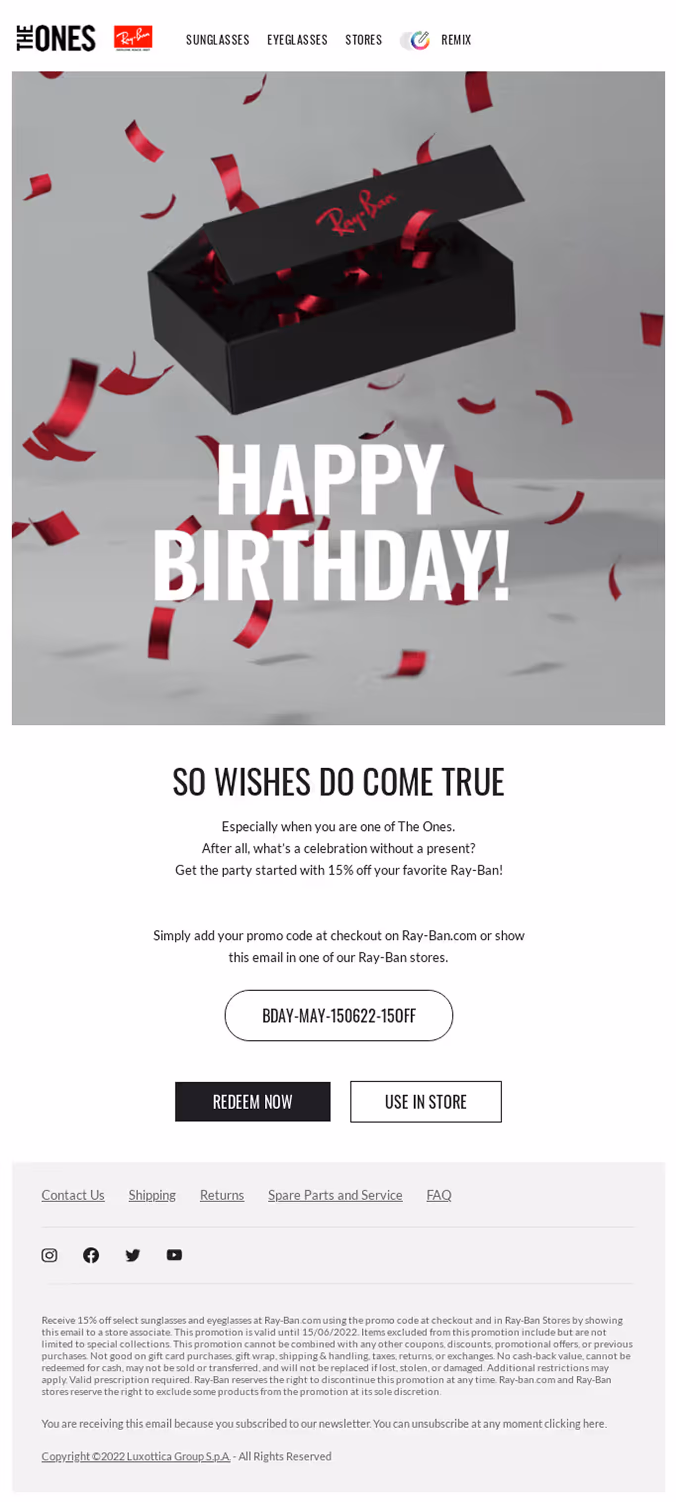 Ray-Ban's happy birthday email