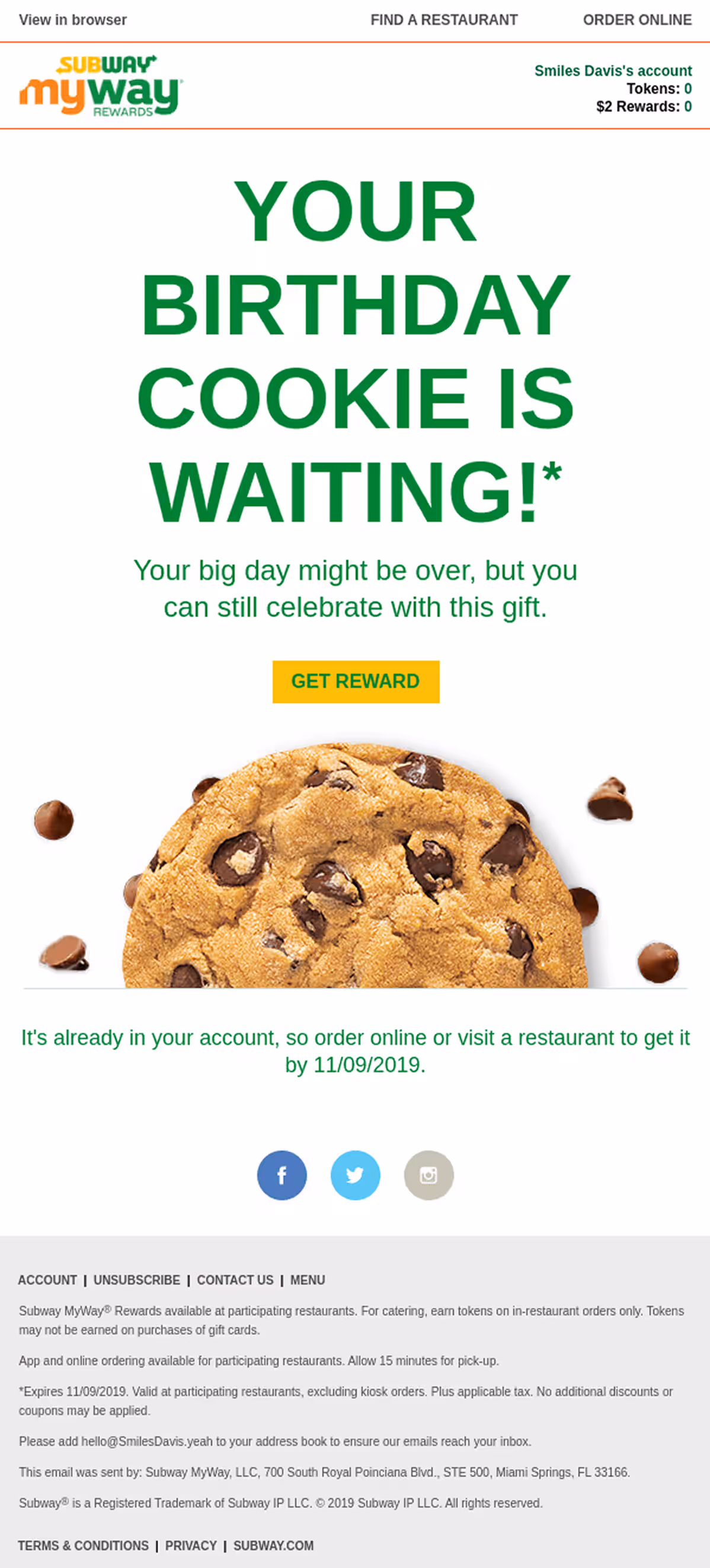 Subway's happy birthday email