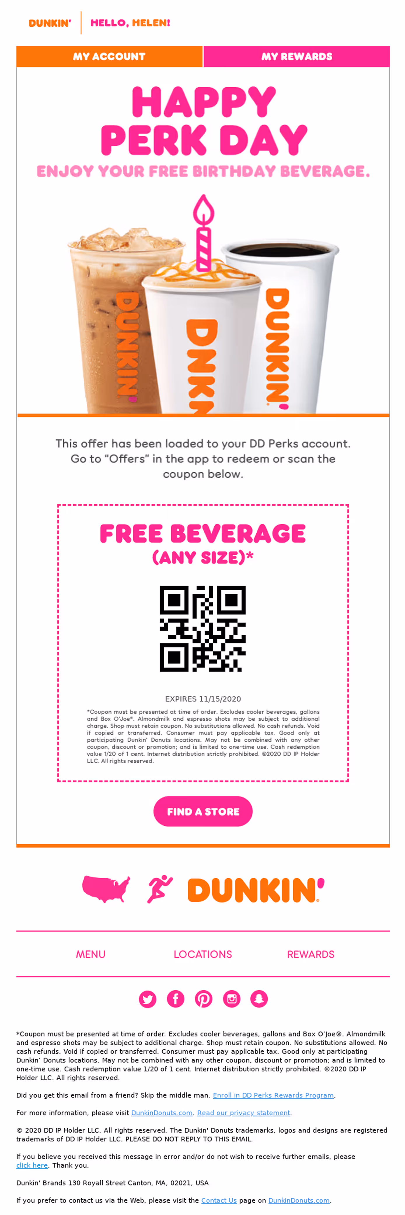 Dunkin Donuts' happy birthday email