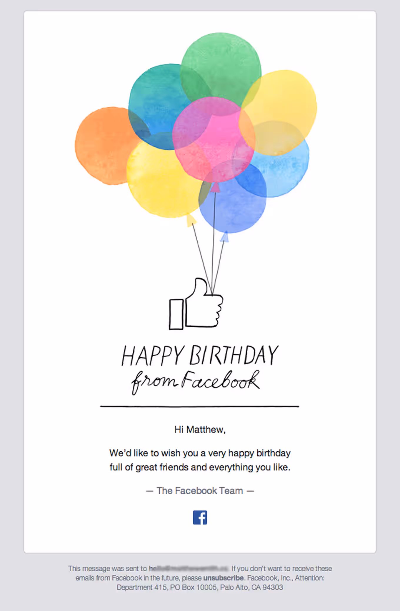 Facebook's happy birthday email